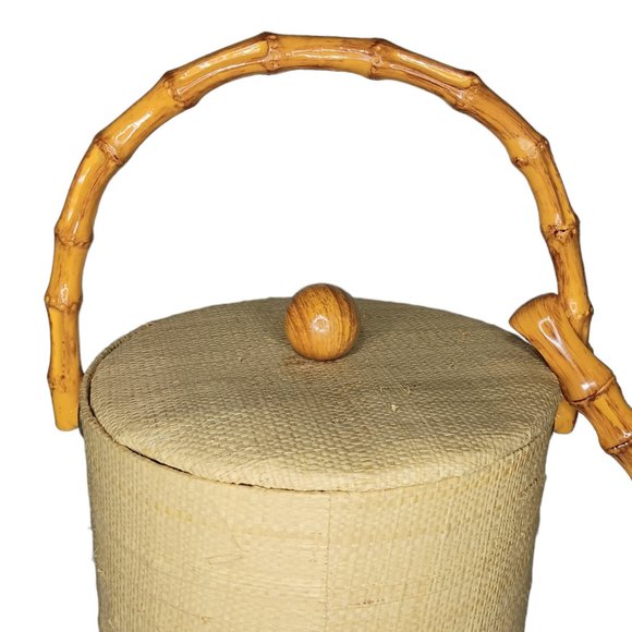 SOLD - Ice Bucket Grasscloth Raffia Faux Bamboo Handle MatchingTongs MCM BOHO - Picture 3 of 13